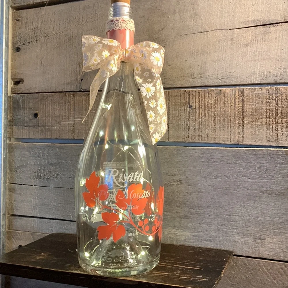 Hand Crafted wine Bottle Lantern with painted Orange Floral Design
